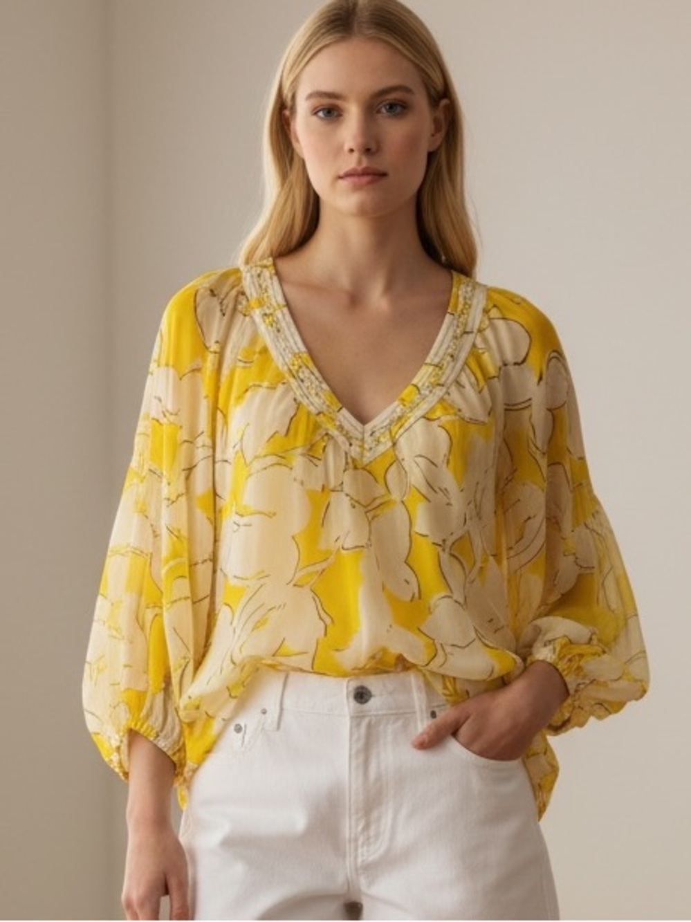 Diane von Furstenberg Yellow Silk Floral Blouse Sz S Flowy Feminine Relaxed DVF